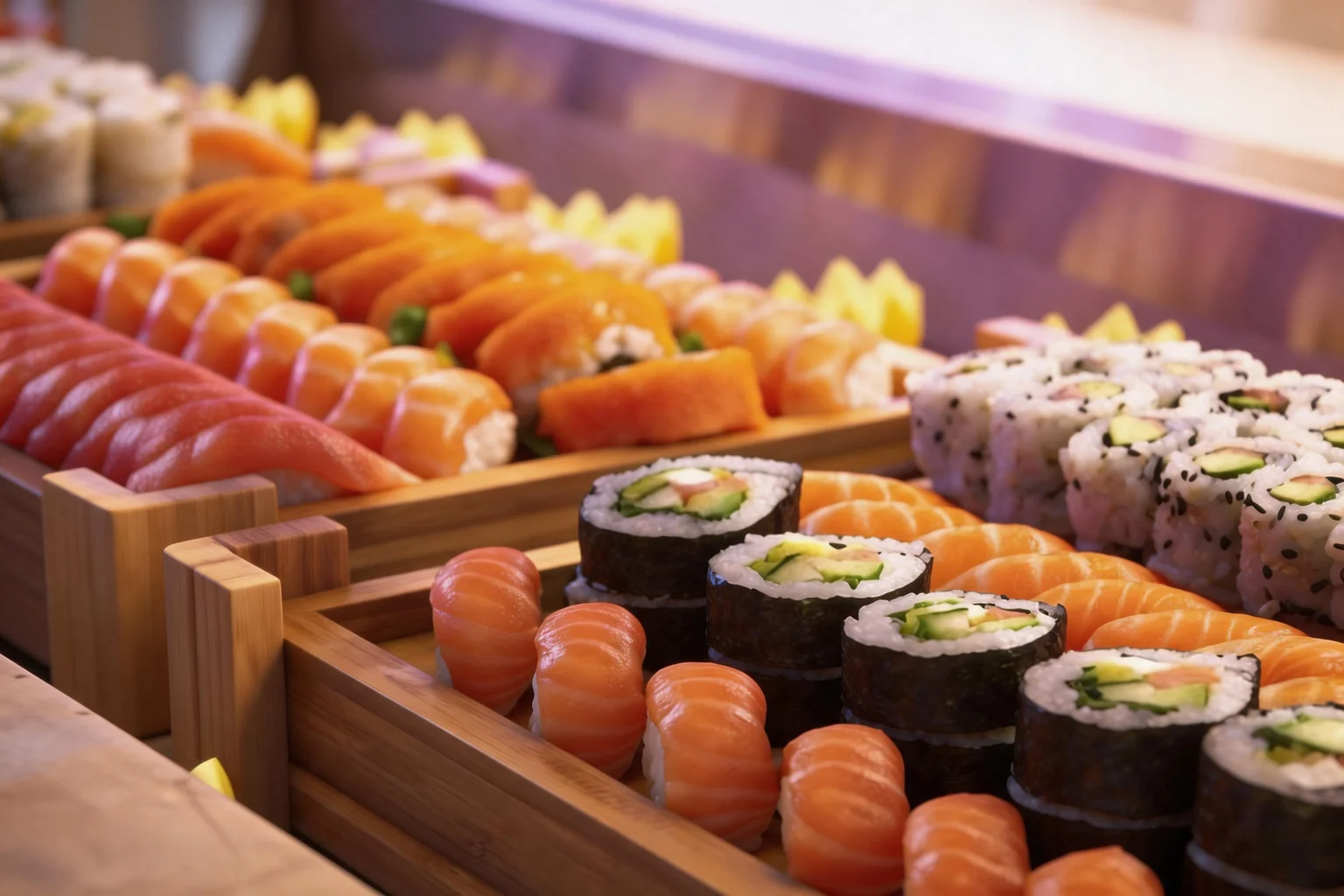 Sushis au saumon, makis et californias dans des bacs en bois