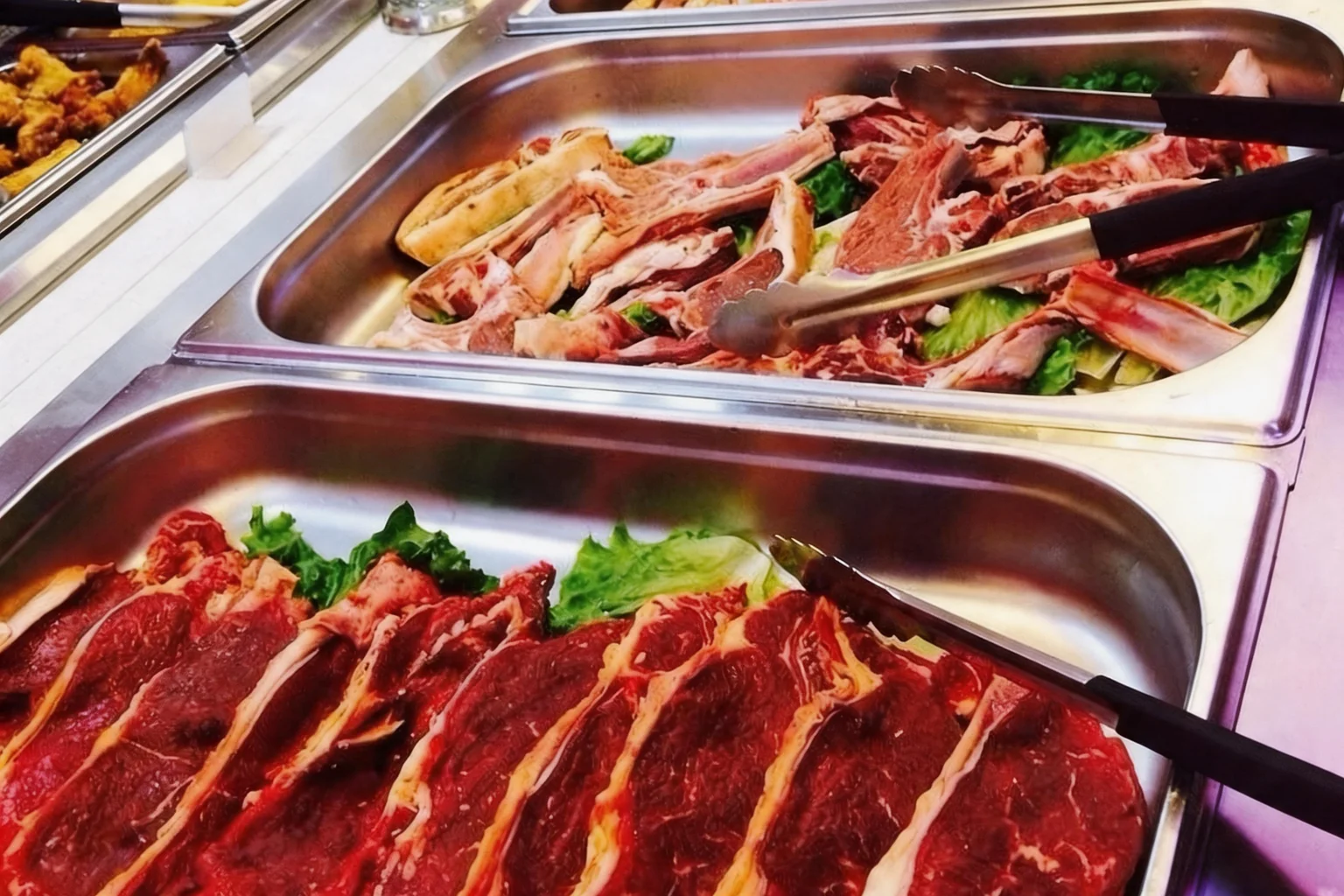Viandes crues dans des bacs en inox, avec des pinces